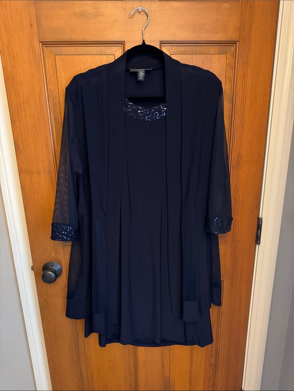 R&M Richards Navy Blue Layered Evening Dress with Sheer Jacket